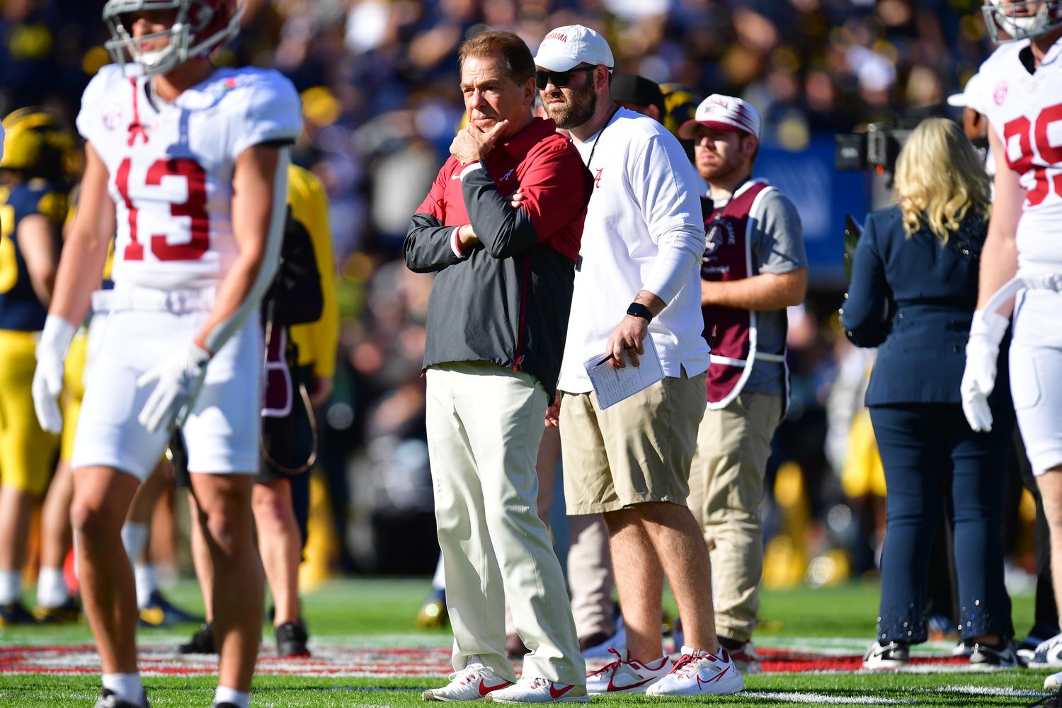 Alabama Crimson Tide head coach Nick Saban looks on during warm ups before the 2024 Rose Bowl college football playoff semifinal game against the Michigan Wolverines at Rose Bowl.